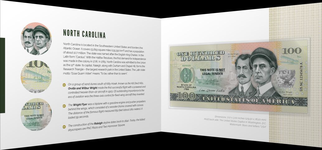 Souvenir note 100 Dollar North Carolina - The State of Tar Heels