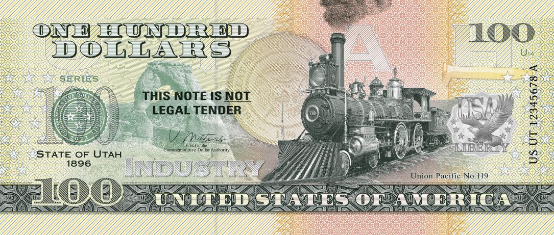 Souvenir note 100 Dollar Utah - The last piece of the puzzle of the transcontinental railroad